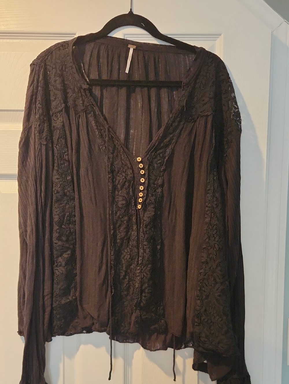 Free People Black Lace-Trim Peasant Blouse